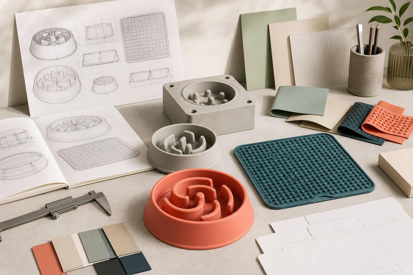 Silicone pet product development desk with concept sketches, color and material samples, prototype tooling, slow feeder and lick mat